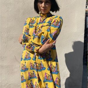 NOOWORKS dog party yellow printed long puff sleeve mini dress